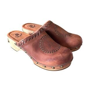 Lucky Brand Peace Sign Leather Wooden Clogs